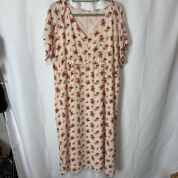 Madewell Tie-Sleeve Ruffle-Waist Midi Dress Pink Floral Sz 22 Cottagecore Plus - Picture 4 of 12